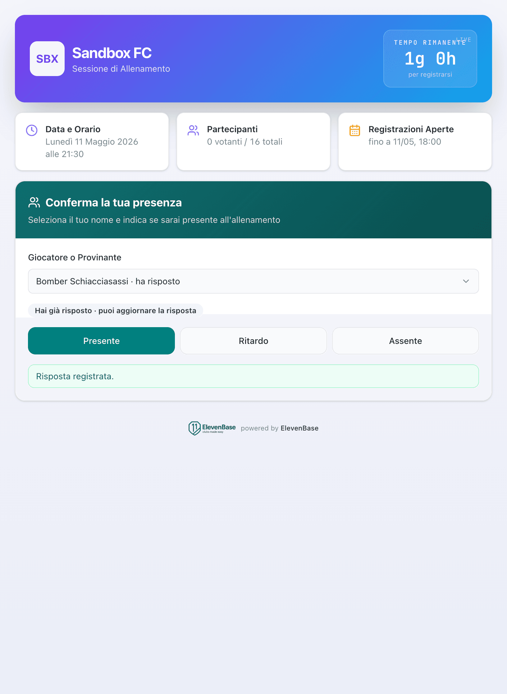 Pagina pubblica di risposta presenza su mobile: il giocatore ha risposto Presente, vede stato confermato e puo' aggiornare la risposta