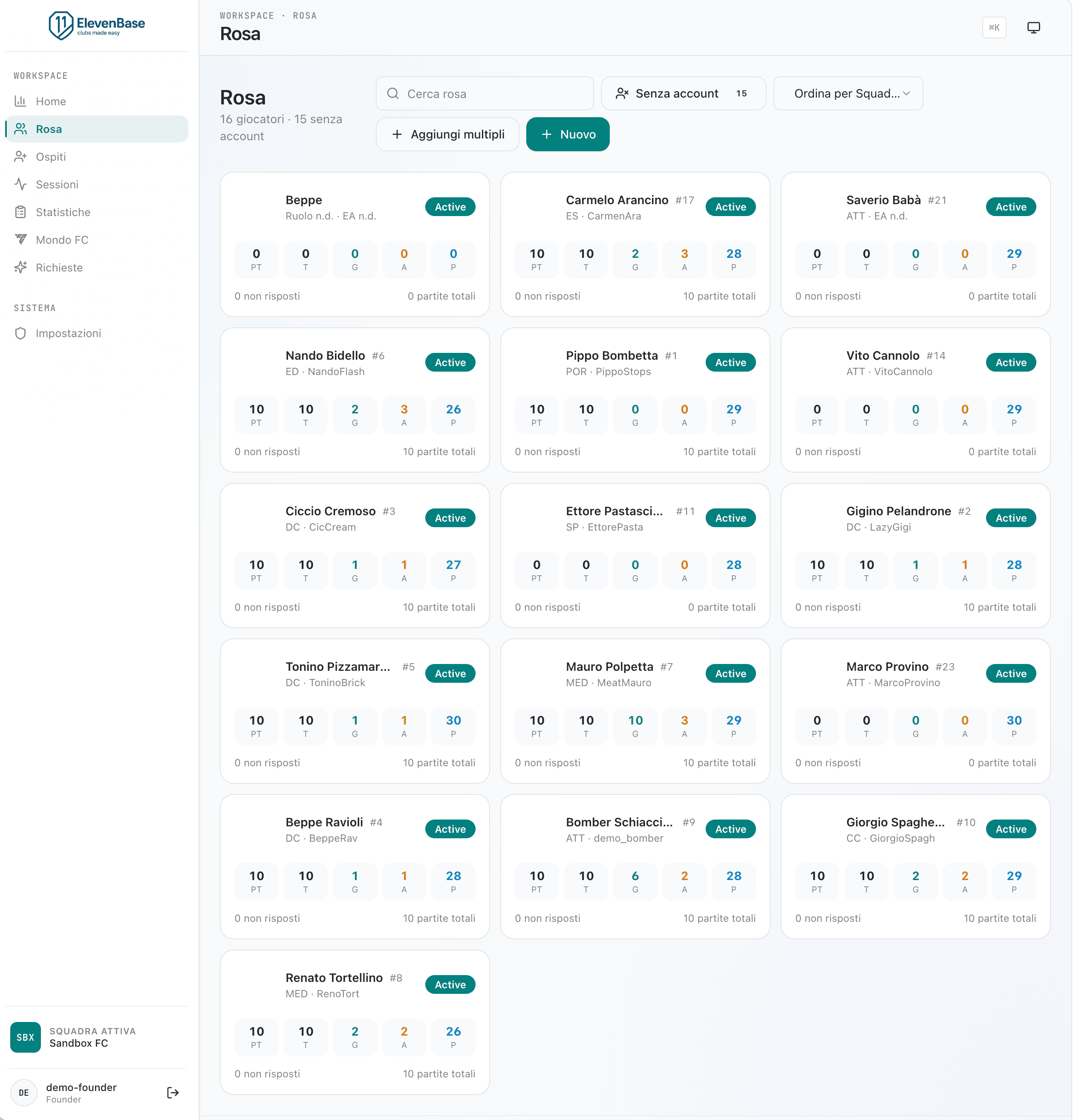 Vista Rosa di ElevenBase: card per ogni giocatore con ruolo, numero, presenze