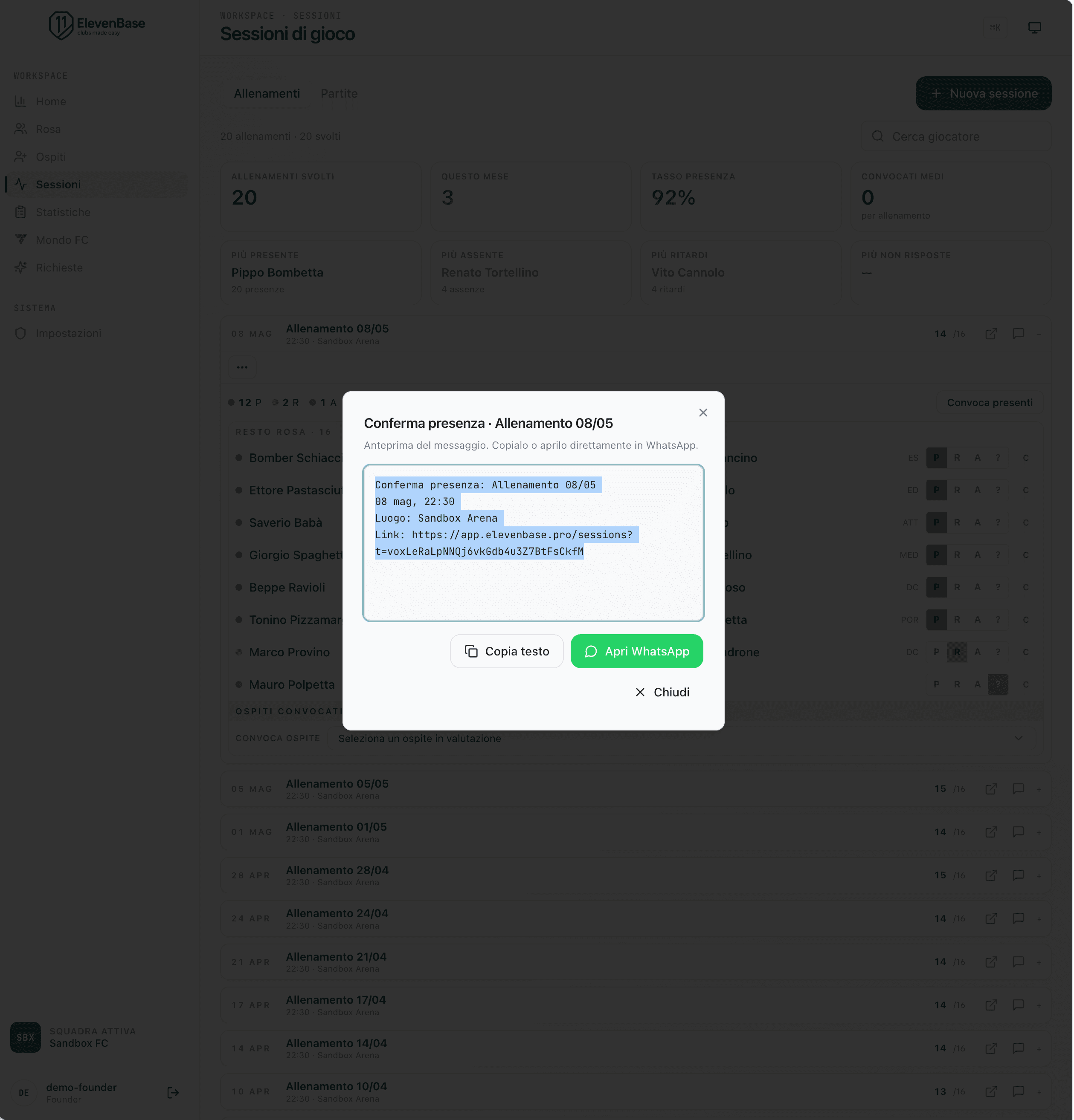 Pagina Sessioni di ElevenBase con modal 'Conferma presenza' che mostra l'anteprima del messaggio WhatsApp pronto per essere copiato