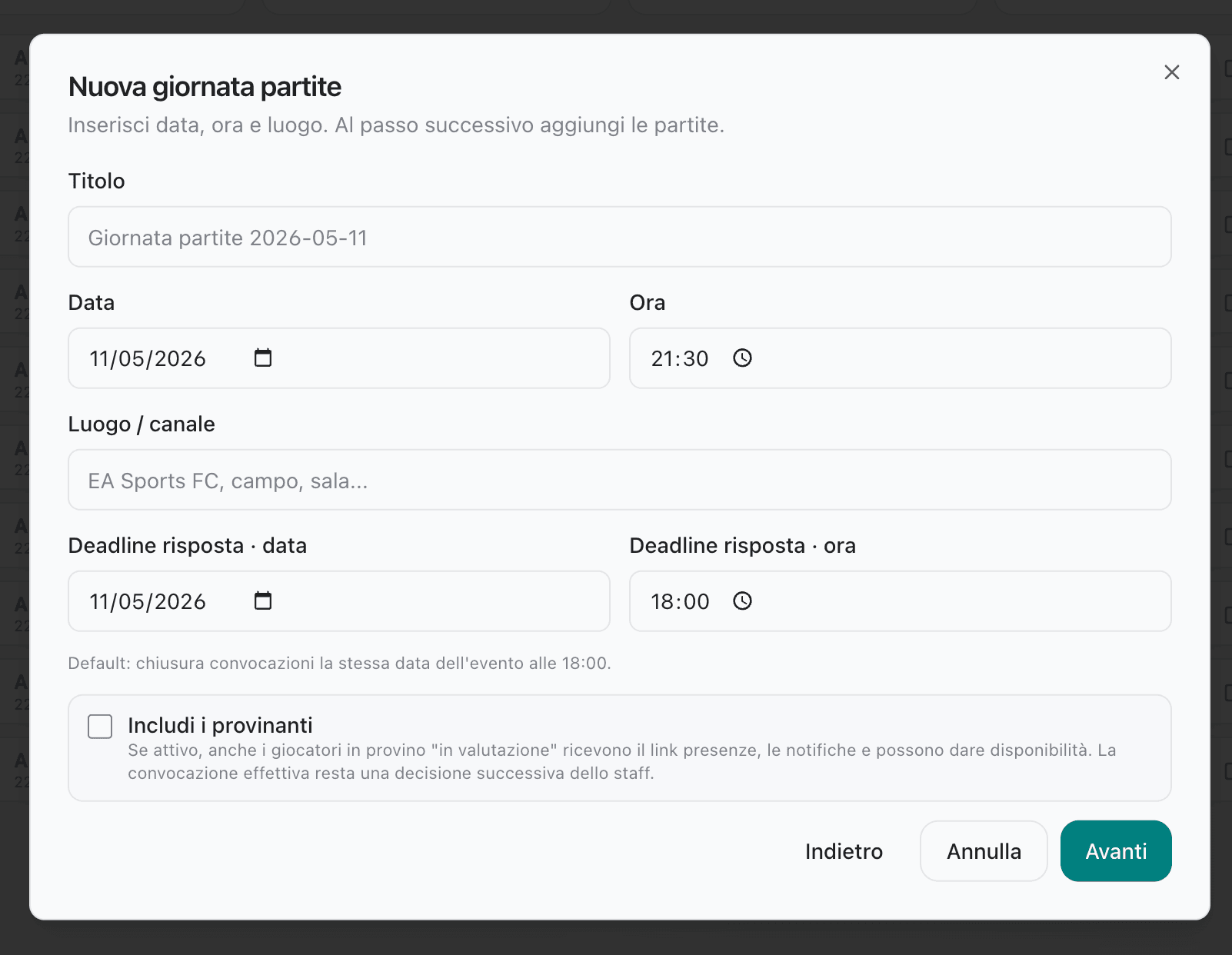 Modal 'Nuova giornata partite' su ElevenBase: titolo, data, ora, deadline risposta, opzione provinanti